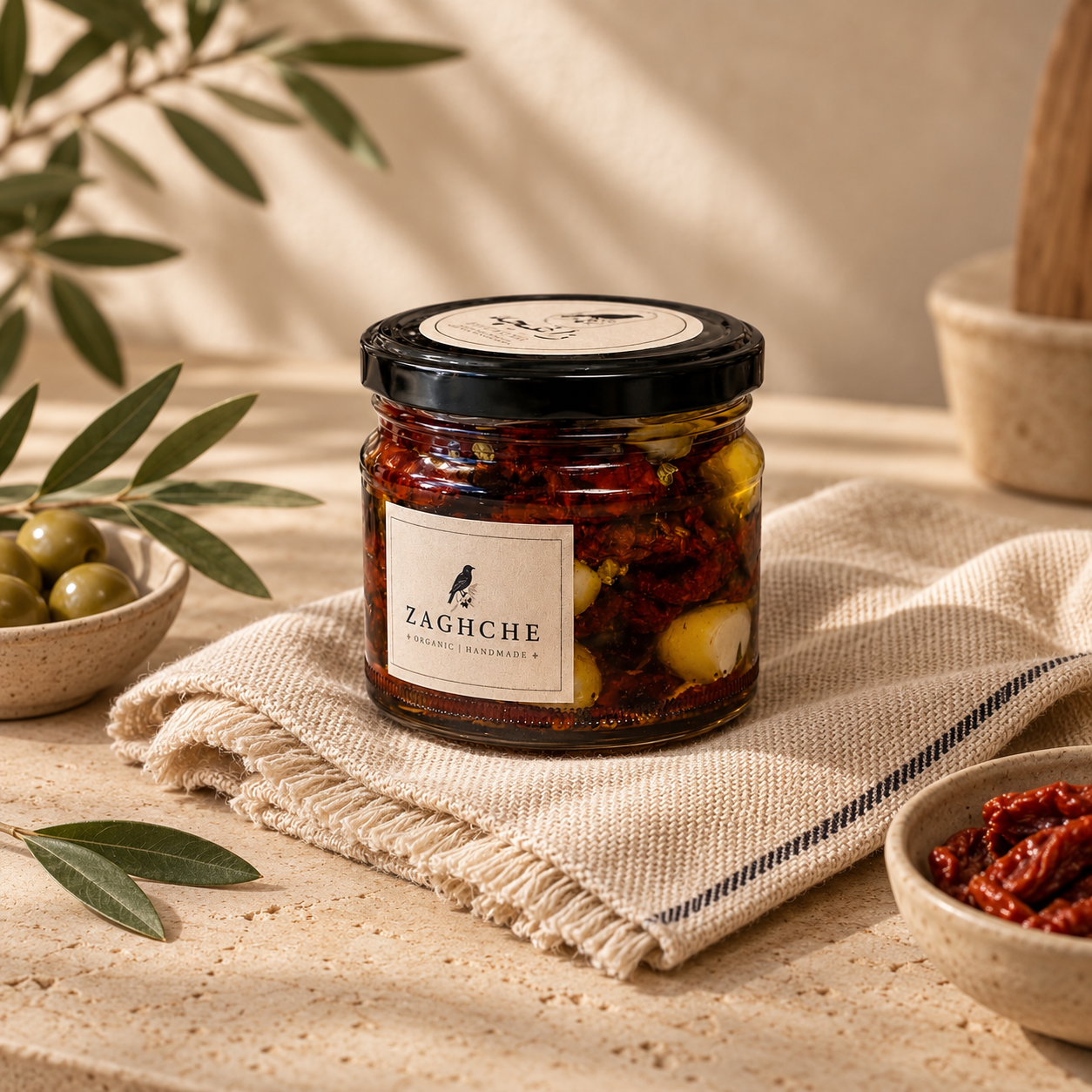 گوجه‌خشک و موزارلا در روغن زیتون زاغچه